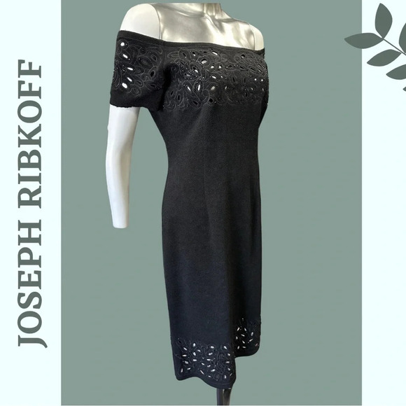 Joseph Ribkoff Off the Shoulder Little Black Dress Cut Out Beaded Embroidered 8 - Picture 3 of 9